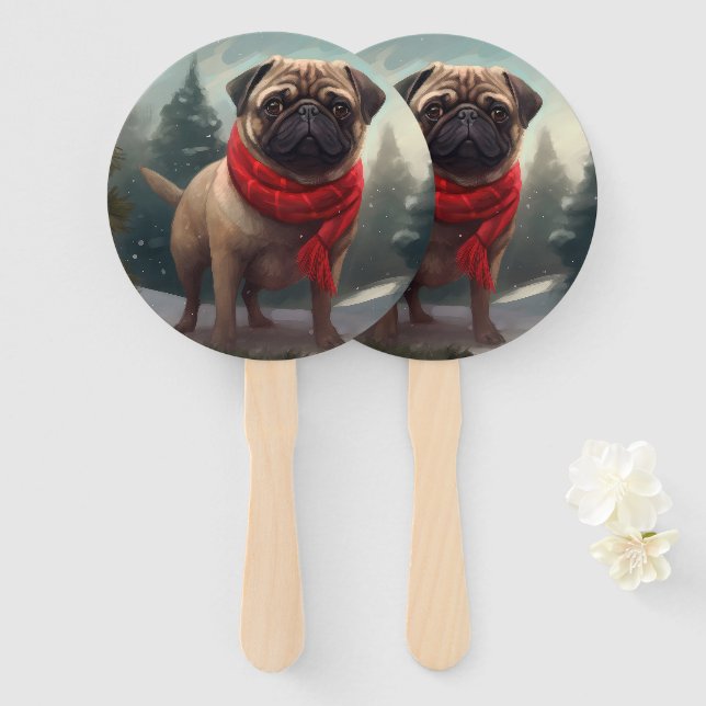 Leque Cachorro Pug na Neve Natal (Frente e Verso)
