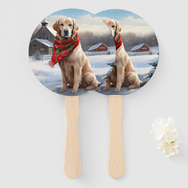 Leque Cachorro Retriever Dourado na Neve Natal (Frente e Verso)