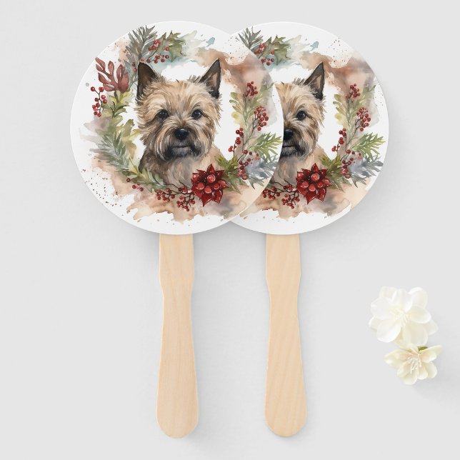 Leque Cairn Terrier Christmas Wreath Festivo Pup (Frente e Verso)