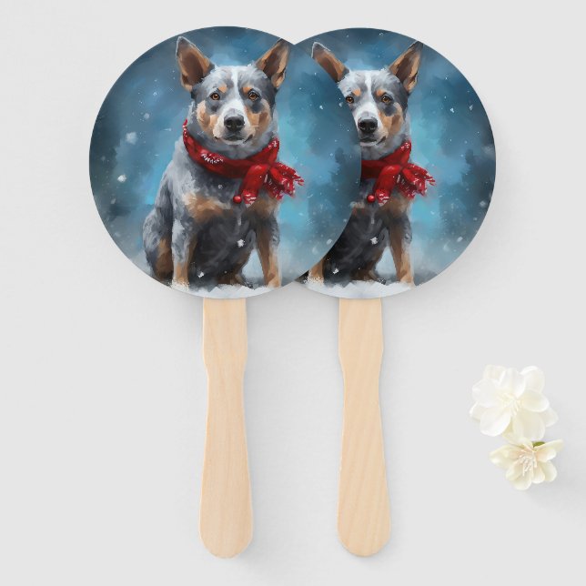 Leque Cão Blue Heeler na neve de Natal  (Frente e Verso)