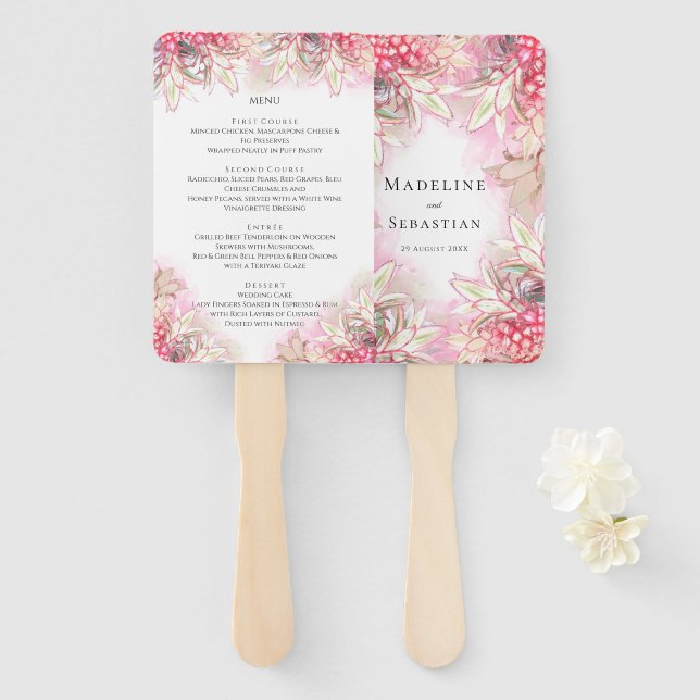 Leque Cardápio de Casamento Rosa Exótico Abacaxis Blush (Frente e Verso)