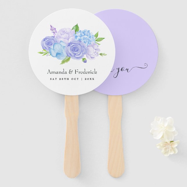 Leque Casamento Azul Hortênsia e Lavanda Clara (Frente e Verso)