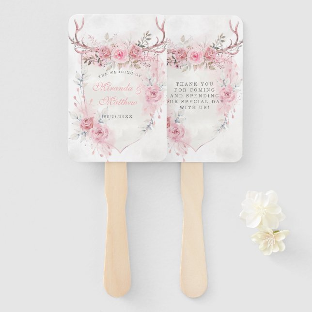 Leque Casamento Blush Pink Sage Peony Deer Antlers (Frente e Verso)