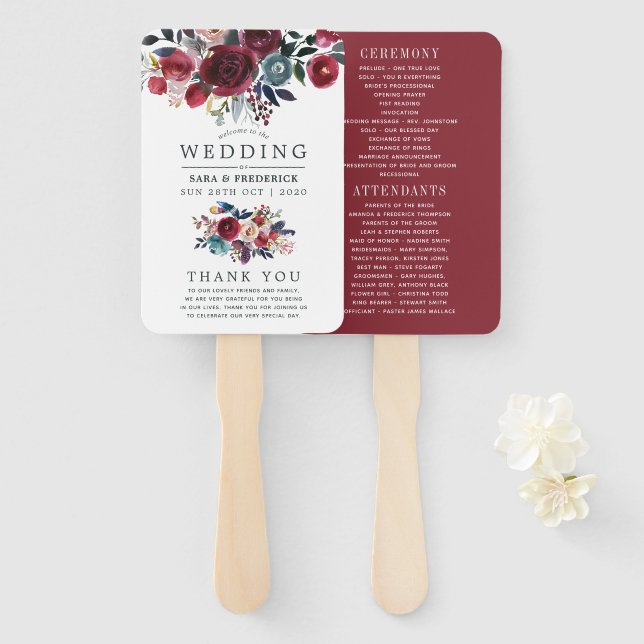 Leque Casamento Boho Chic Outono Burgundy e Azul Marinho (Frente e Verso)