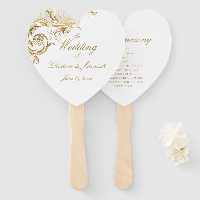 Leque Casamento Branco de Script Floral Dourado e Elegan (Frente e Verso)