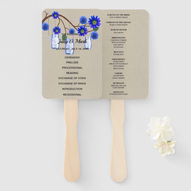 Leque Casamento Burlap Rustic Blue Floral Mason Jars (Frente e Verso)