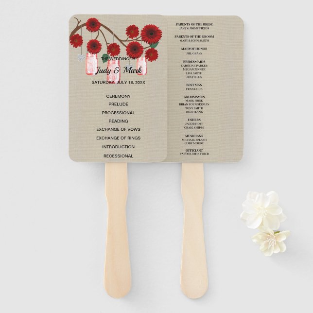 Leque Casamento Burlap Rustic Red Floral Mason Jars (Frente e Verso)