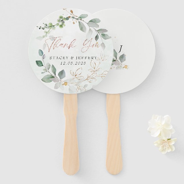 Leque Casamento Caligrafia Dourada Eucalipto Rústico  (Frente e Verso)