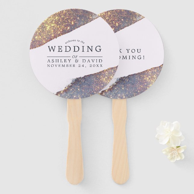Leque Casamento Chic Glitter Dourado Roxo Iridescente (Frente e Verso)