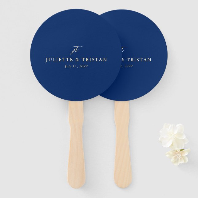 Leque Casamento Clássico Navy e Creme Elegante (Frente e Verso)