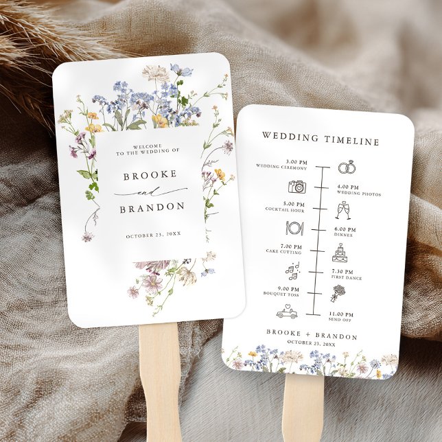 Leque Casamento Colorido de Primavera Wildflower Meadow  (Colorful Spring Wildflower Meadow wedding Timeline Hand Fan)