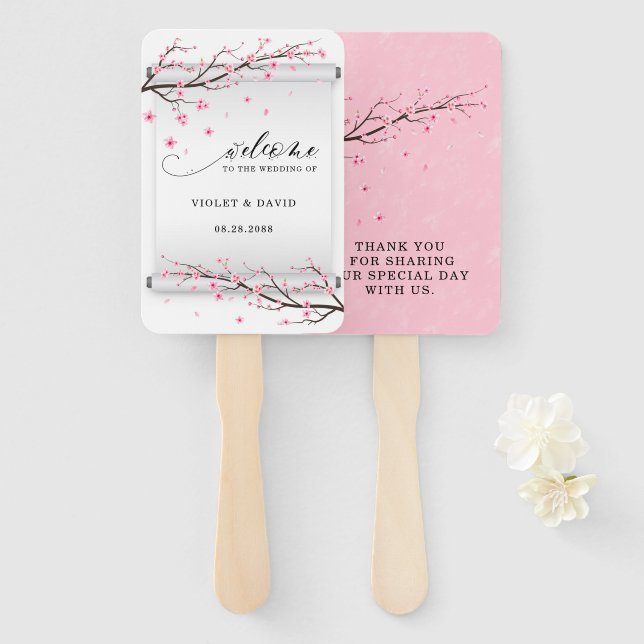 Leque Casamento com Árvore de Flor de Cereja Branca (Frente e Verso)