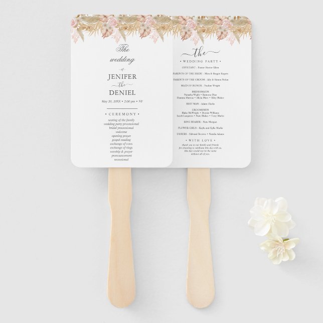 Leque Casamento com Decoração de Flor de Palmeira e Pamp (Frente e Verso)
