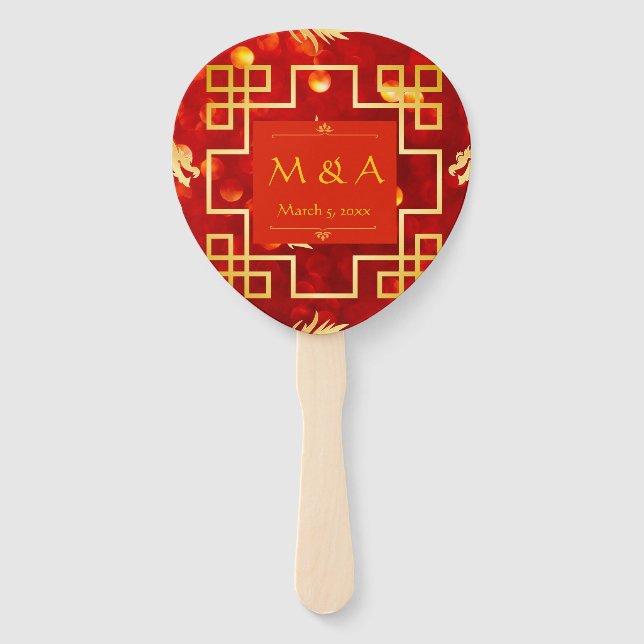 Leque Casamento com Dragões Vermelhos e Dourados (Frente)