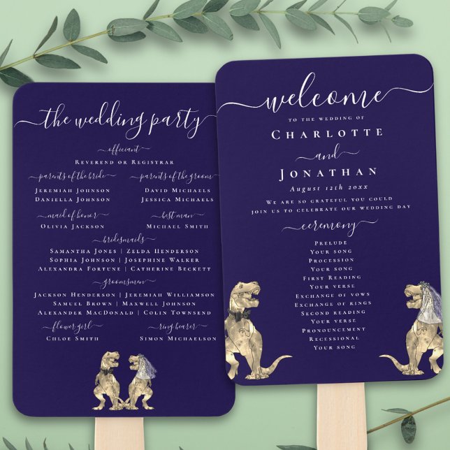 Leque Casamento com Tema de Dinossauro Cerimônia Azul-Ma (T-Rex bride and groom dinosaur navy blue wedding ceremony program fans Elegant script)
