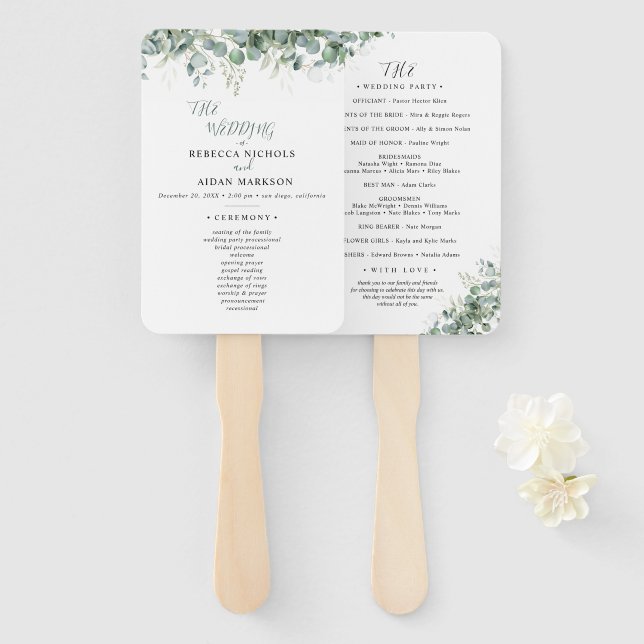 Leque Casamento com Verde Folhagem de Eucalipto Elegante (Frente e Verso)