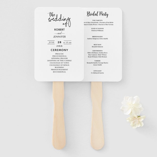 Leque Casamento de Elegância Moderna Preto e Branco  (Frente e Verso)