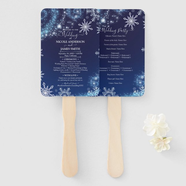 Leque Casamento de Flocos de Neve com Brilho de Inverno (Frente e Verso)