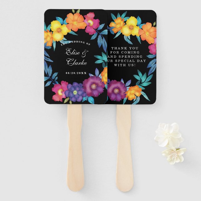 Leque Casamento de Florais de Aquarela Mexicana Fiesta V (Frente e Verso)