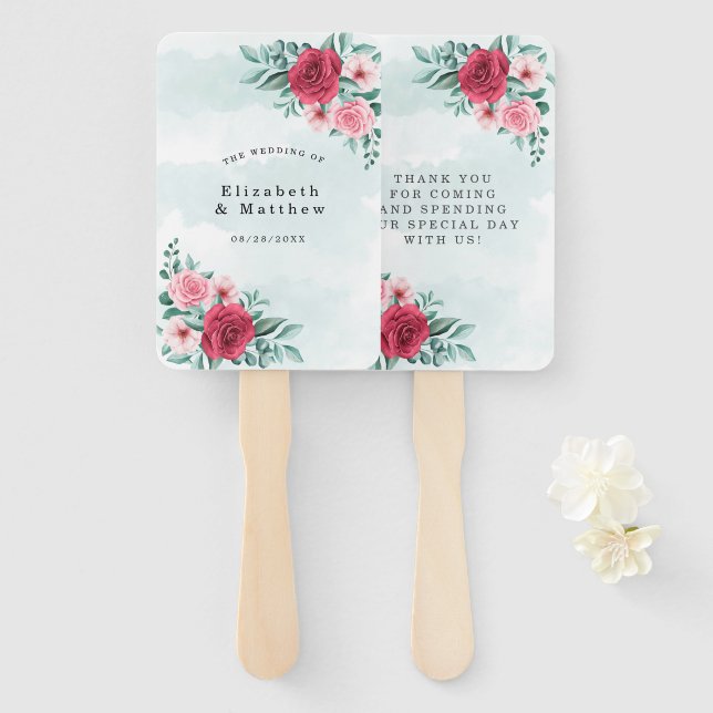 Leque Casamento de Folhagem de Pequim Vermelha Rosa Cinz (Frente e Verso)