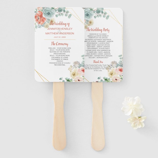 Leque Casamento de Frame Geométrico Apricot Floral (Frente e Verso)