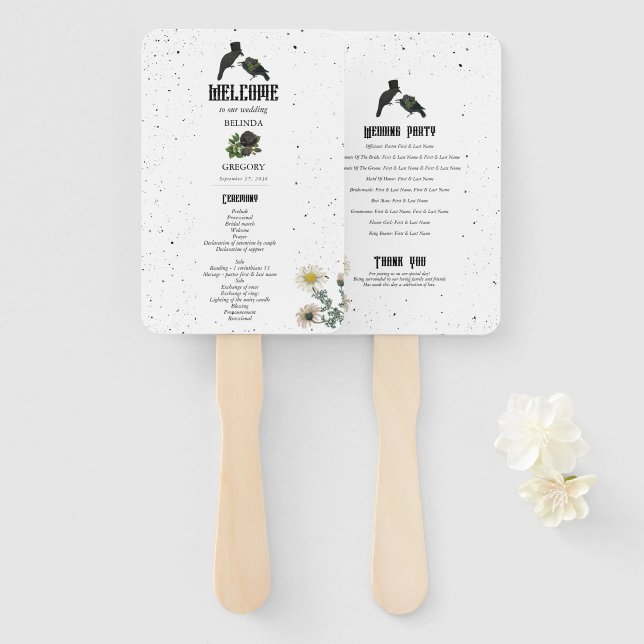 Leque Casamento de Halloween com Rosas Pretas e Corvos e (Frente e Verso)