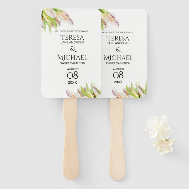 Leque Casamento de Jardins Personalizados de Tulipas Ros (Frente e Verso)