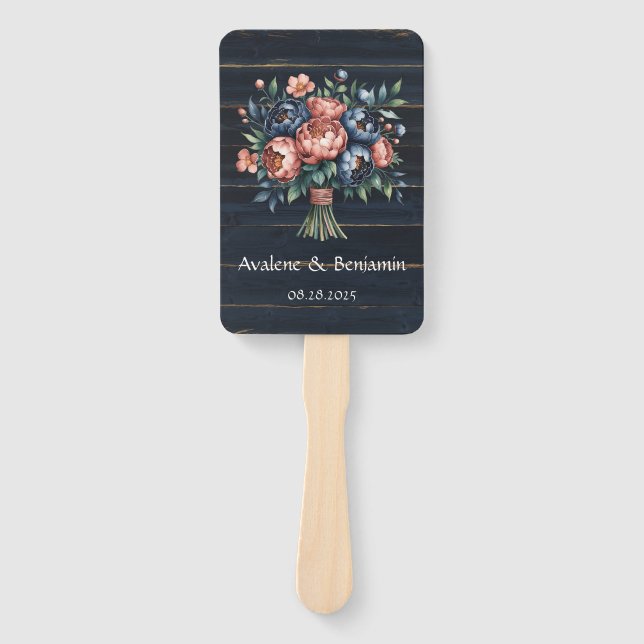 Leque Casamento de madeira marinho Azul e Buquê de Cobre (Frente)