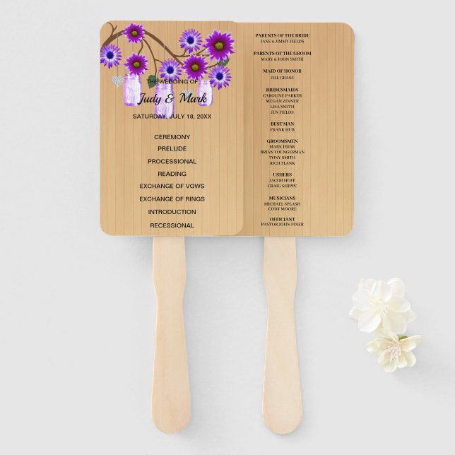 Leque Casamento de Mason Floral Floral Roxo-Claro (Frente e Verso)