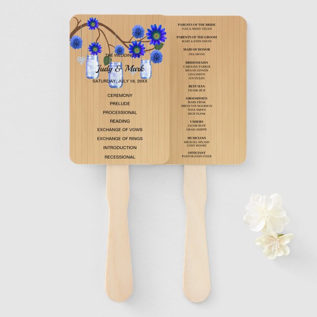 Leque Casamento de Mason Jars Floral Azul-Russo Claro (Frente e Verso)