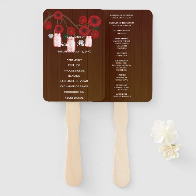 Leque Casamento de Mason Jars, Floral Vermelha Escura (Frente e Verso)