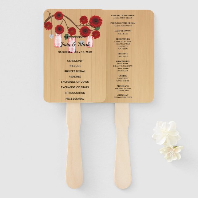 Leque Casamento de Mason Jars, Floral Vermelho, Russo, L (Frente e Verso)