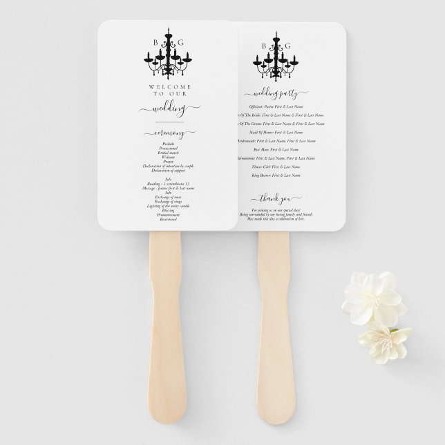 Leque Casamento de Monograma de Chandelier Branco Preto  (Frente e Verso)