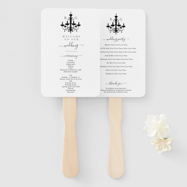 Leque Casamento de Monograma de Lustre Preto e Branco El (Frente e Verso)