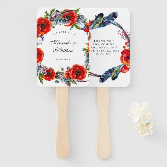 Leque Casamento de Penas de Boho Vermelho Moderno Obriga (Frente e Verso)