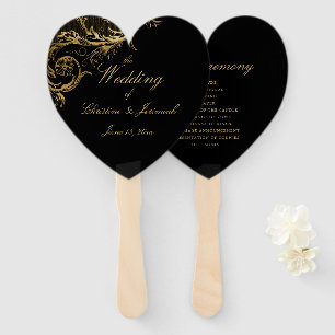 Leque Casamento de Script Dourado Floral de Damasco Pret