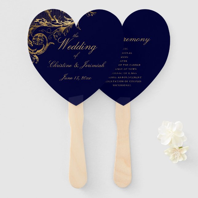 Leque Casamento de Script Floral Dourado e Azul Elegante (Frente e Verso)