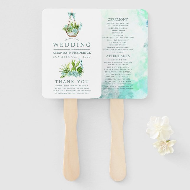 Leque Casamento de Succulents de Vidro Aquoso (Frente e Verso)