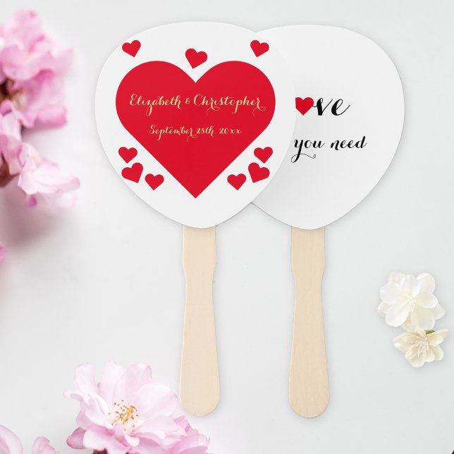 Leque Casamento de Verão de Corações Vermelhas com Scrip (Elegant Faux Gold Script Red Hearts Summer Wedding Hand Fan)