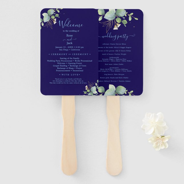 Leque Casamento de Verão de Eucalyptus Greenery Rustic. (Frente e Verso)