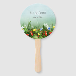 Leque Casamento do campo azul-céu com prado de morango s