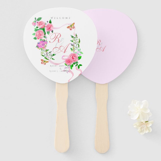 Leque Casamento do Monograma da Faixa Rosa Rosa Rosa Ros (Frente e Verso)