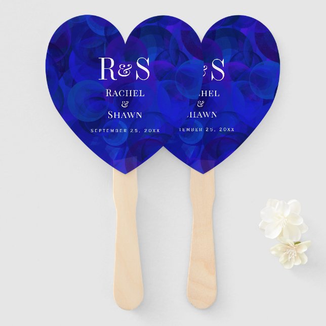 Leque Casamento do Monograma Moderno Real Azul Elegante (Frente e Verso)