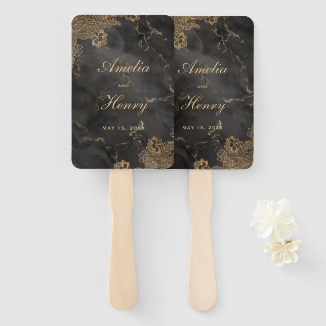 Leque Casamento Dourado da fronteira do mármore negro do (Frente e Verso)