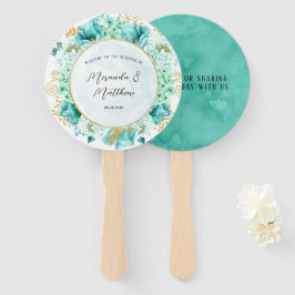 Leque Casamento Dourado de Folhagem de Mint Green Floral