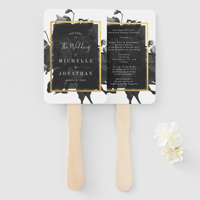 Leque Casamento Dourado de Rose Bouquet Negro (Frente e Verso)