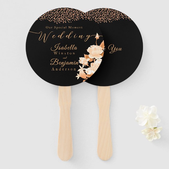 Leque Casamento Dourado e elegante de Rosa negro (Frente e Verso)