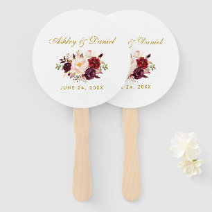 Leque Casamento Dourado floral de Borgonha da aguarela