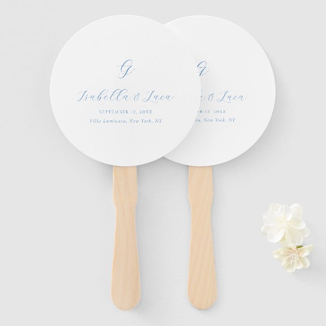 Leque Casamento Elegante Chic de Costa Azul e Branco (Frente e Verso)