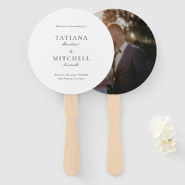 Leque Casamento Elegante de Foto Branco e Preto Clássico (Frente e Verso)